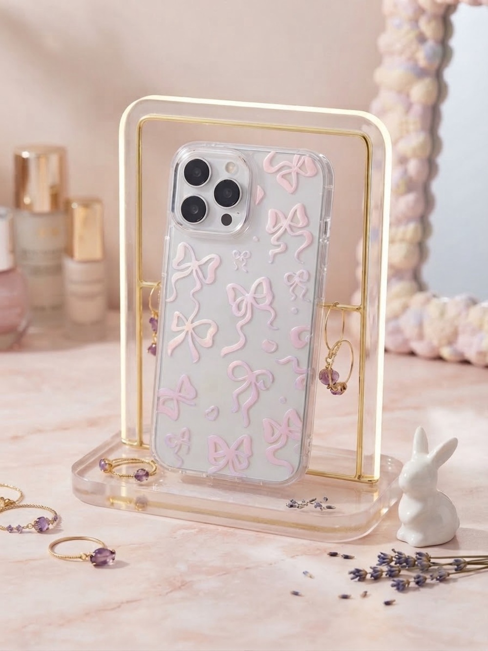 Silver iPhone 15 Case with Pink Bow Accents - Fashionable Protective Cover